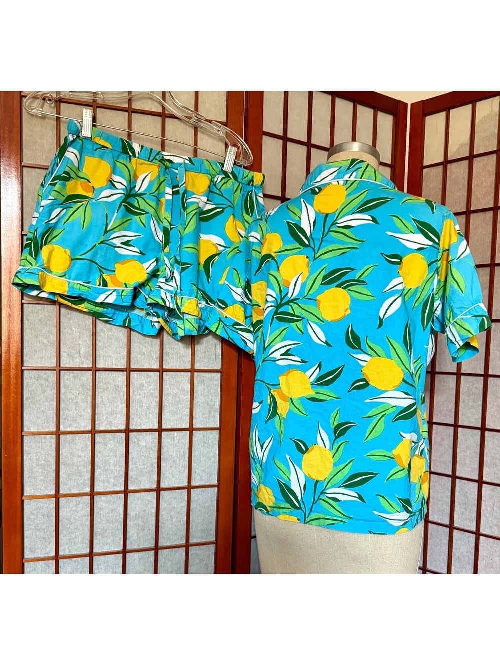 Printfresh Lemon Print Short Pajama Set Blue Yellow Cotton PJs Size S - Picture 3 of 9
